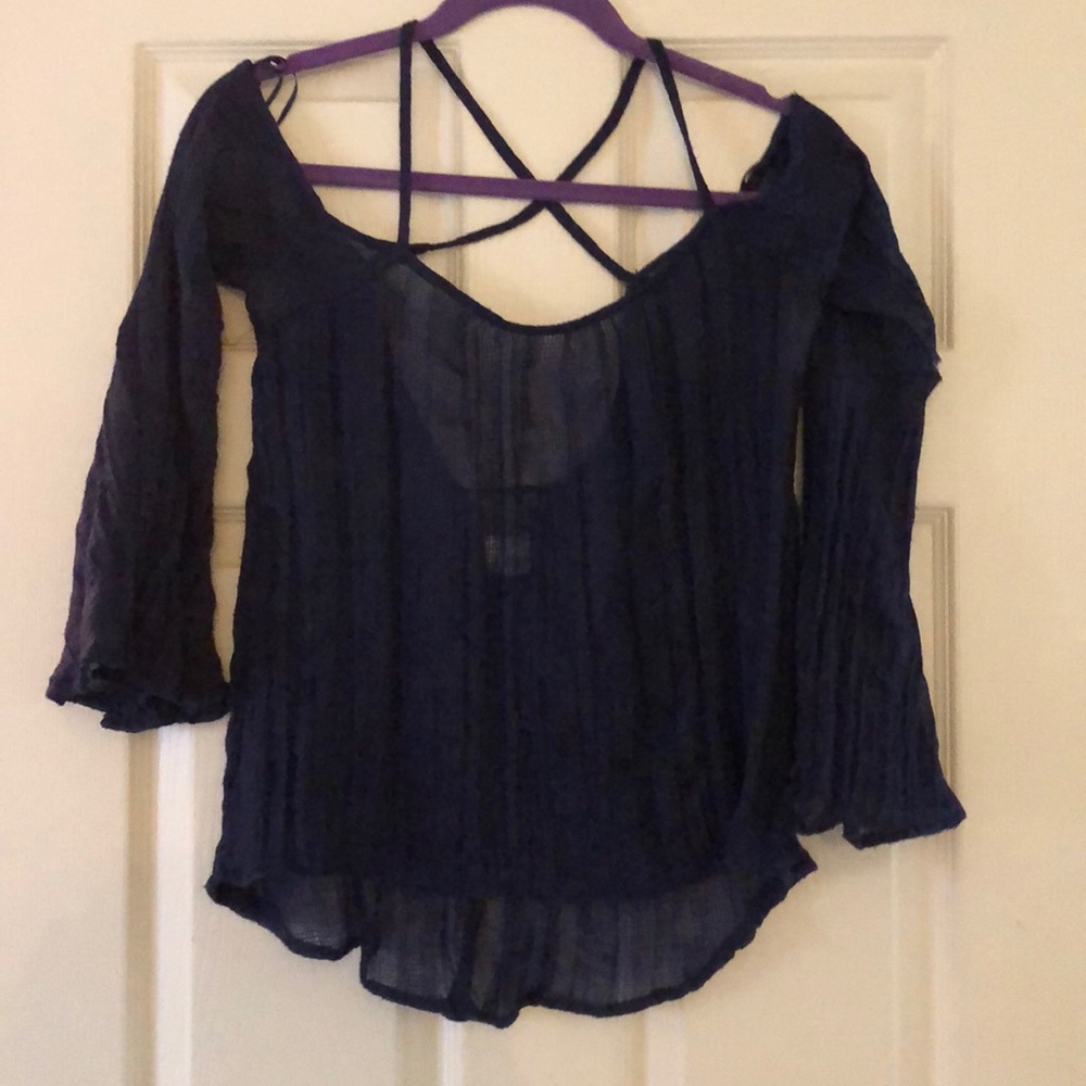 Dark blue sheet off the shoulder shirt